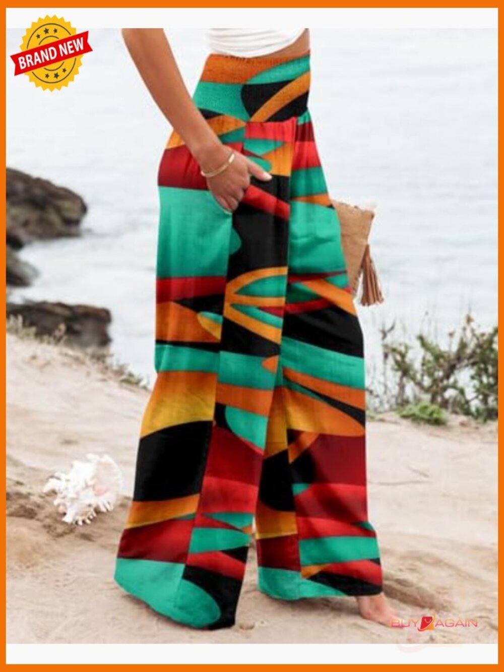 Elastic High Waisted Wide Leg Palazzo Pants with Pockets Casual Lounge Trousers - Picture 4 of 7